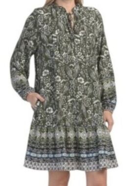 Rachel Zoe Olive Paisley Tie-Neck Long Sleeve Dress Boho